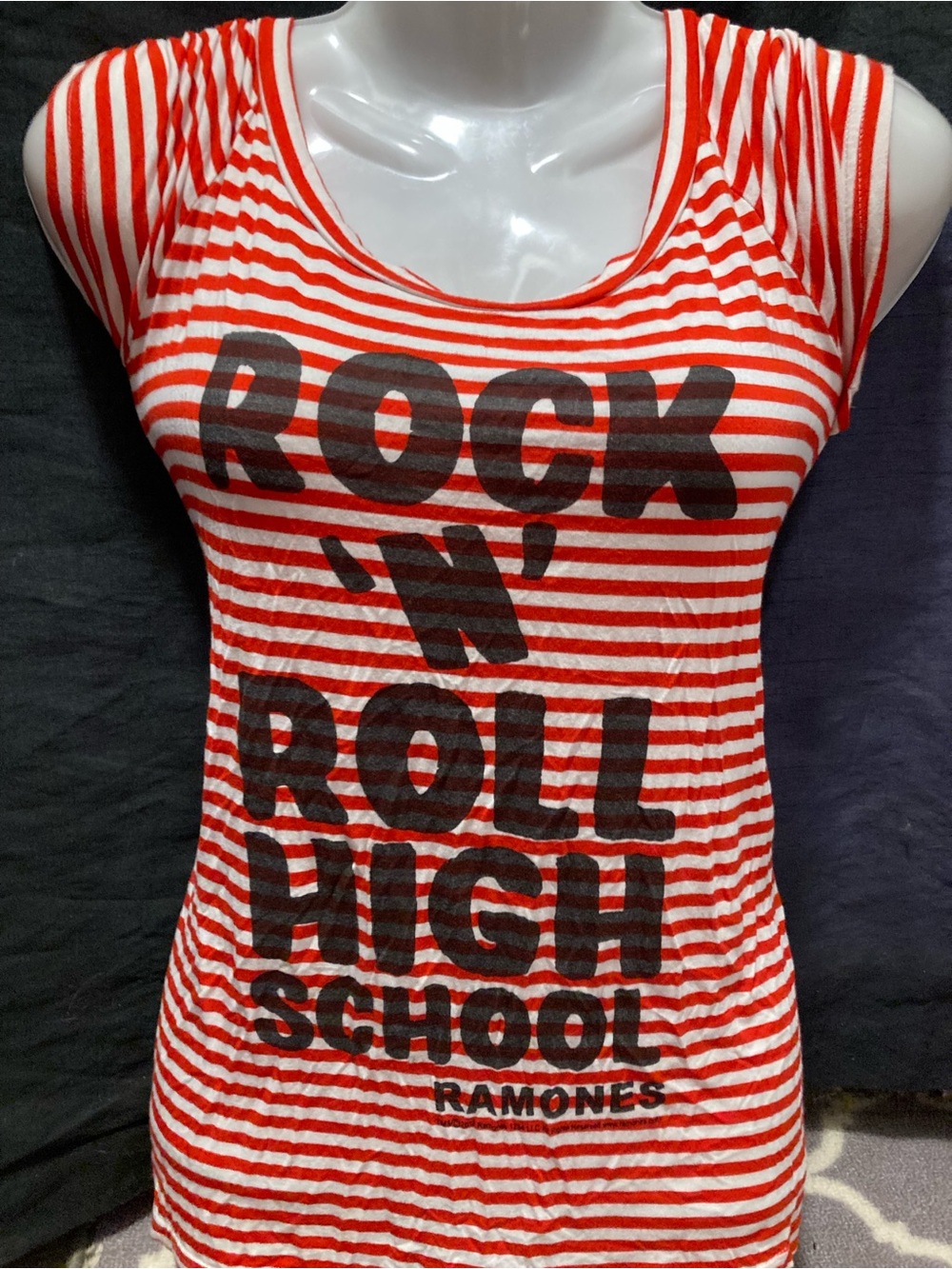 Ramones Rock ‘N’ Roll High School Striped Graphic Tee Red White Size L